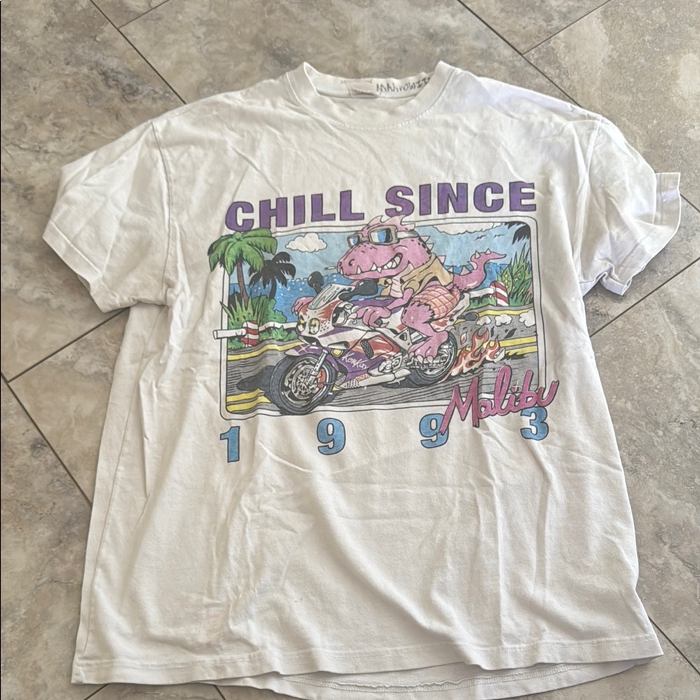 John Galt Chill Since White Graphic T-Shirt with Dinosaur Print